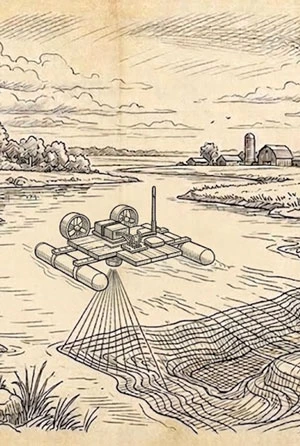Vintage illustration of a blackwater river bordered by cypress trees and wetland vegetation.