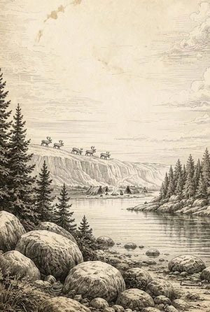 Vintage illustration of a glacial lake and upland environment with rocky shores and boreal forest.