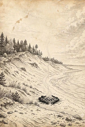 Vintage illustration of a post-glacial river corridor with wetlands and upland terraces.